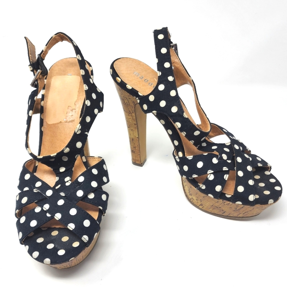 Madden Girl polka dot fabric cork high heeled platform 6.5